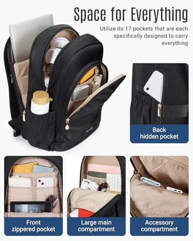 LIGHT FLIGHT 17.3" Laptop Backpack for Women, Large Black Travel Backpacks with USB Charging Hole, Water Resistant, Large Capacity, Daypack for College, Work, Casual Computer Bags - Image 3