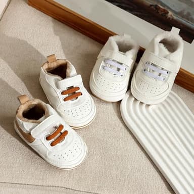 Clowora Unsex Baby Shoes Boys Girls Infant Sneakers Non-Slip Soft Rubber Sole Toddler Crib First Walker Lightweight Shoes (A02/White with Fleece,6-12 Months) - Image 3
