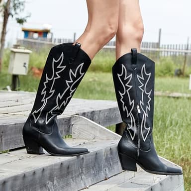 Mostrin Black Cowgirl Boots Embroidered Cowboy Boots for Women Almond Toe Mid Heel Pull On Zipper Western Fashion Knee High Boot Size 7.5 - Image 4