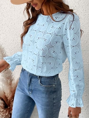 CUPSHE Women Eyelet Long Sleeve Tops Shirts Dressy Hollow Out Crochet Lace Embroidered Blouses 2025 Fashion Top Blue L - Image 4