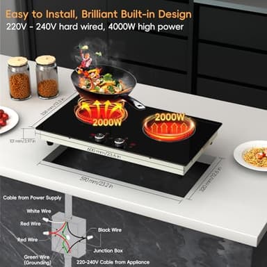 Zarbaco 2 Burner Electric Cooktop 24 Inch, 4000W Electric Stove Top with Built-in Design, 220-240V Knob Control Radiant Ceramic Cooktop with Safety Lock, 9 Level Power, Timer - Hard Wire - Image 4