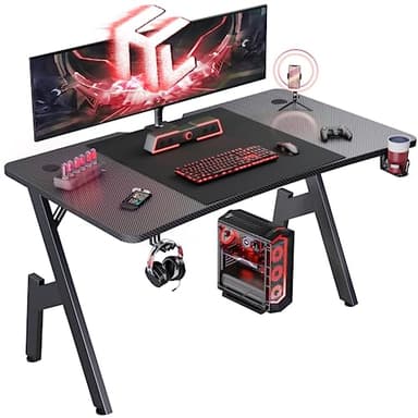 HLDIRECT 47 Inch Gaming Desk, Large Computer Gaming Desk Table with Cable Management, Ergonomic Carbon Fiber Gamer Table Pc Work Home Office Desks with Cup Holder & Headphone Hook & Mouse Pad, Black - Image 1