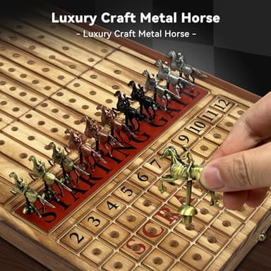 Large 23 inches Horse Racing Board Game with 11 Luxury Metal Horses, Foldable Wood Horse Race Board Game with 2 Sets of Dice, 2 Boxes of Cards for Parties and Gambling - Image 2