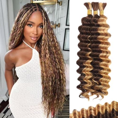 Afihond Human Braiding Hair For Boho Braids Deep Water Wave Human Bulk Braiding Hair 12A Brazilian Virgin Human Hair Extensions for Boho Braids 3 Bundles/Pack 110g 4P27 Highlight Ombre Balayage 22inch - Image 1