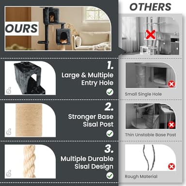 Nineshi 59in Large Cat Tree Tower for Indoor Cats with Soft Plush Hang Ball, Two Condos, Sisal Scratch Posts & Rope Play for Kittens/Adult Cats, Deep Grey - Image 3