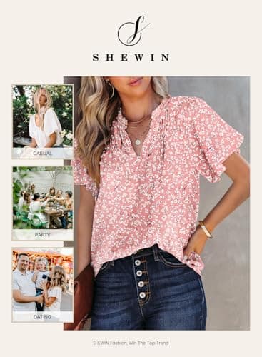 SHEWIN Womens Blouses 2025 Casual Short Sleeve Shirts V Neck Blouse Flowy Cute Summer Tops for Women Pink Medium - Image 4