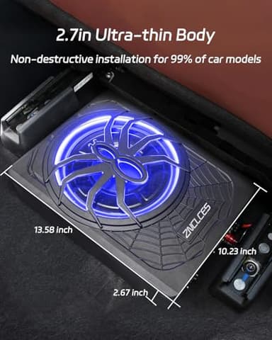 2025 Upgraded 10"1200W Slim Under Seat Powered Car Subwoofer, Car/Truck Sub Built in Amplifier for outstanding Heat Dissipation, Powerful bass and Blue LED Ambient Light enjoy Audio Experience - Image 4