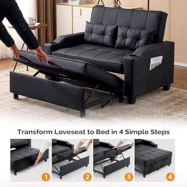 VINGLI Convertible Loveseat Sleeper, Black Faux Leather Futon Sofa Bed Pullout Couch Bed with USB Ports, Cup Holders, Armrest for Living Room, Bedroom, Home Office Apartment - Image 7