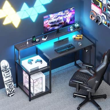 AODK Computer Desk, 48 Inch Gaming Desk with Led Lights & Power Outlet, Office Desk with Storage Shelves, Reversible Desk with Monitor Shelf & Headphone Hook, Carbon Fiber Black - Image 2