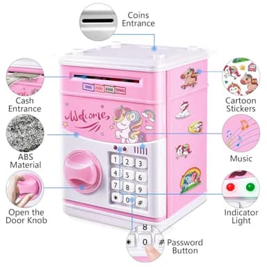 JUNEU Unicorn Piggy Bank for Kids, 4 5 6 7 8 Year Old Girl Gift, Electronic Money Saving Box for Kids, Mini ATM Coin Bank, Girls Birthday Gifts, Toys for Girl, Cool Stuff, Early Ideas - Image 3