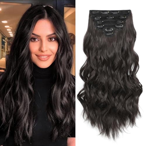 Fliace Synthetic Clip in Hair Extensions, 6 PCS Natural & Soft Hair & Blends Well Hair Extensions, Dark Brown Long Wavy Hairpieces(20inch, 6pcs, Dark Brown) - Image 1
