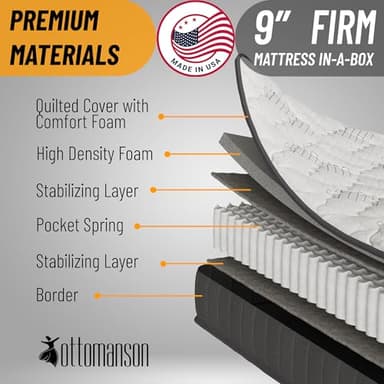 Ottomanson 9" Hybrid Twin Mattress - Rock Hard Feel - Made in USA - Individually Pocketed Coils & CertiPUR-US Foam - Fiberglass-Free - Bed in a Box - Image 7