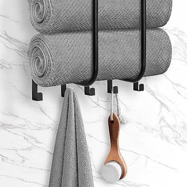 Towel Racks for Bathroom, Towel Rack Wall Mounted with Metal Shelf and 5 Hooks for Small Bathroom, Towel Holder for Bathroom, Bath Towel Storage for Rolled Towels Organizer, Black - Image 3