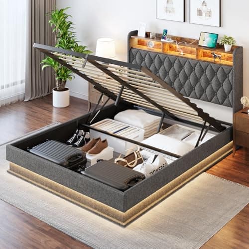Queen Bed Frame with Storage - Lift Up Queen Size Bed Frame with Headboard, Upholstered Platform Bed with LED Lights & Charging Station, Hydraulic No Box Spring Needed Wood Slats Support, Grey - Image 1