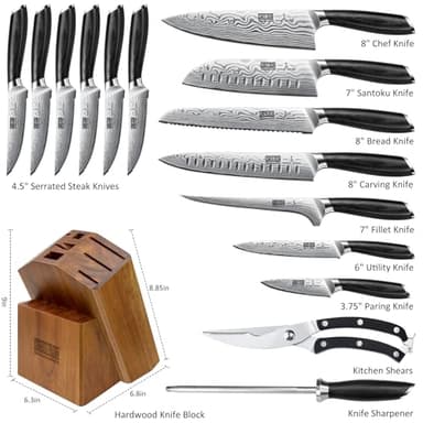 HOSHANHO 16-Piece Knife Set with Block, Ultra Sharp High Carbon Powder Steel Knife Block Set, Chef Knife Set Professional Kitchen Knives Set with Sharpener and Pakkawood Handle - Image 2
