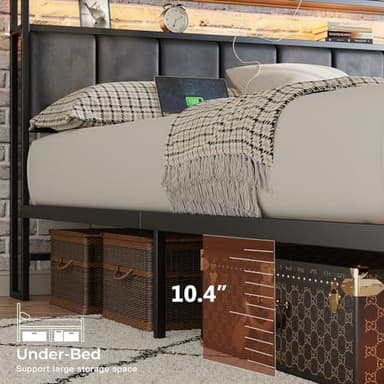 Twin Size Bed Frame with Charging Station and LED Lights, Metal Bed Frame with Headboard, Black Upholstered Headboard with 2-Tier Storage Shelves, Noise Free, No Box Spring Needed, Black - Image 7