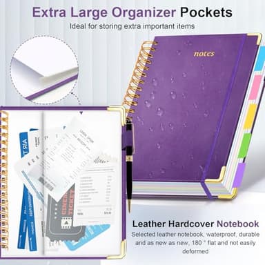 Hardcover Spiral Notebook 8"x10" Journal Notebook with Tabs and Removable Dividers 300 Pages 5 Subject Notebook College Ruled, Faux Leather Spiral Bound Notebook for Women School Work (Purple) - Image 2