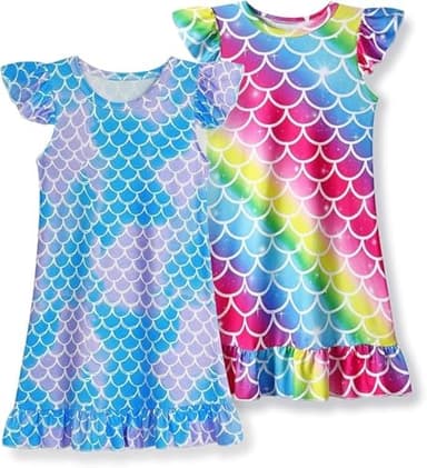 COTRIO Girls Nightgowns Toddler Nightgown Rainbow Pajamas Mermaid Princess Nightgown Sleep Nighties Flutter Sleeve Night Dress Size 6 (5-6 Years, Blue Colorful) - Image 1