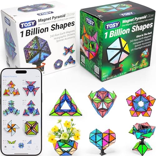 TOSY Magnet Pyramid - 1 Cube Transforms into 1 Billion Shapes, 12 Pieces, 243 Rare Earth Magnets, Glowing, Holographic Magnet Tiles Creative Puzzle STEM/STEAM Toy, Mixed Set - Image 1