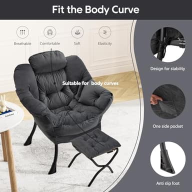 Congermom Lazy Chair with Folding Ottoman Modern Large Accent Chair,Contemporary Lounge Leisure Sofa Chair with Armrests Upholstered Sofa Armchair Reading Chair for Bedroom,Dorm & Office (Dark Grey-f) - Image 4