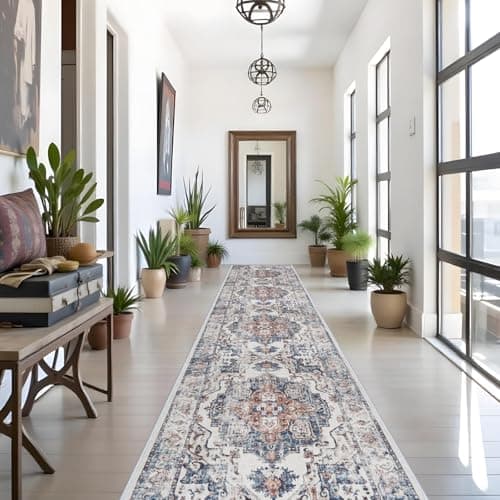 Washable 3x18 Hallway Runner Rug: Vintage Low Pile Soft Kitchen Entry Runner Long Non-Shedding Distressed Carpet for Living Room Dining Room Non Slip Thin Floor Mat for Bathroom Bedroom (3X18, Brick) - Image 1