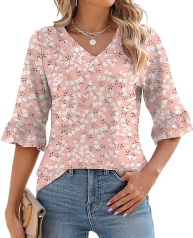 LOMON 3/4 Sleeve Blouses for Women Summer Loose Boho V-Neck Tops Dressy Casual Ruffle Bell Sleeve T-Shirts Tunic (Floral 22,X-Large) - Image 1