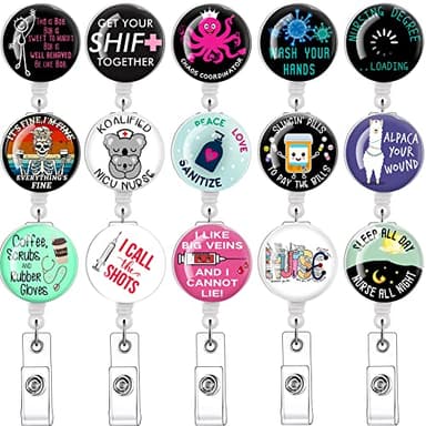 15pcs Nursing Student Must Haves Badge Reels Retractable Badge Holders,Id Badge Holder Retractable Clip,Funny Badge Reel Cute Badge Reel Retractable Lanyards for Id Badges,Nurse Accessories for Work - Image 1