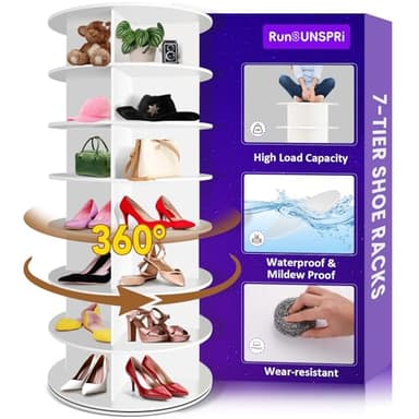RUNSUNSPRI 7 Tier Rotating Shoe Rack, 360° Revolving Free Standing Shoe Organizer, Multifunctional Storage Revolving Shoe Rack Tower, Spinning Shoe Display Lazy Susan (White) - Image 1
