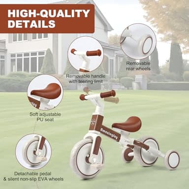 4 in 1 Toddler Tricycle for 2-5 Year Olds Kids Trike 3 Year Old Tricycle Toddlers Boys Girls Gift Trike Toddler Tricycle 1-3 Kids Trikes 3-5 Removable Pedal Adjustable Seat Brown - Image 4