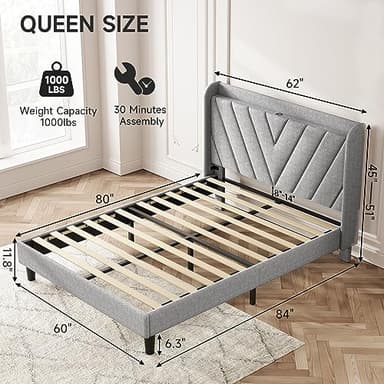 koorlian Queen Bed Frame, Linen Adjustable Upholstered Platform Bed Frame with Type-C&USB Port, Wingback Storage Headboard, Solid Wood Slats Support, No Box Spring Needed, Noiseless, Light Gray - Image 2