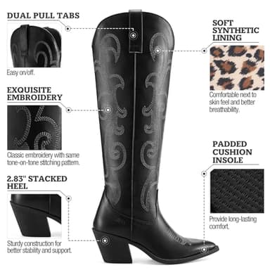 Rollda Cowboy Boots for Women Cowgirl Boots Embroidered Knee-High Western Boots Pointy Toe with Chunky Heel Black W/Zipper Size 9.5 - Image 2
