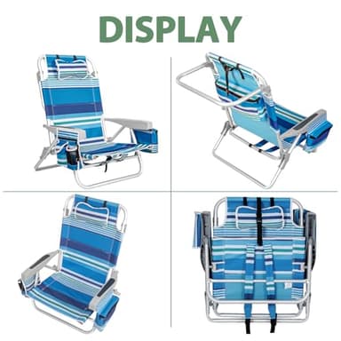 2Pk Aluminum 5-Position Lay Flat Folding Backpack Beach Chairs for Adults, with Cooler Bag, Cup&Phone Holder, Towel Bar for Outdoor Lawn Picnic Sport, Portable Foldable Camping Chairs, Blue Stripes - Image 8