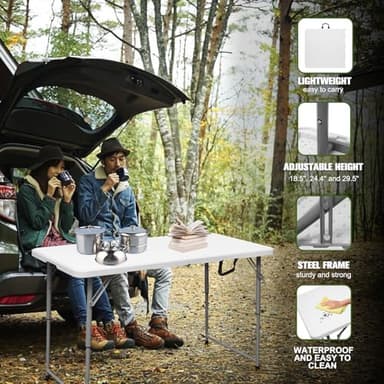 Byliable Folding Table 4 Foot Portable Heavy Duty Plastic Fold-in-Half Utility Table Small Indoor Outdoor Adjustable Height Folding with Carrying Handle, Camping and Party,White - Image 6