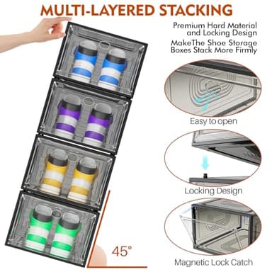8 Pack Thicken & Clear Shoe Boxes Organizer with Magnetic Door, Stackable Storage Boxes for Shoes, Boot, Sneaker - Harder Plastic Shoe Storage Stackable Shoe Boxes for Closet Shoes Wall, Black - Image 3
