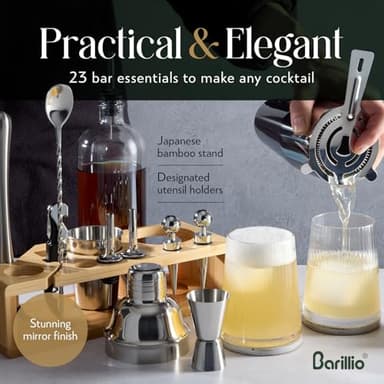 Barillio Bartender Kit - Stainless-Steel Cocktail Shaker Set w/Bamboo Stand - Mixology Bar Tools w/Drink Shaker, Mixer Spoon & Muddler for Cocktails - Home Bar Accessories - 23-Pc Bar Set - Silver - Image 3