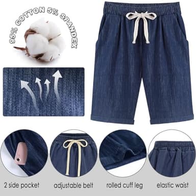 XinYangNi Women's Elastic Waist Casual Comfy Cotton Linen Beach Shorts with Drawstring Knee Length Curling Bermuda Shorts Black US XL - Image 2