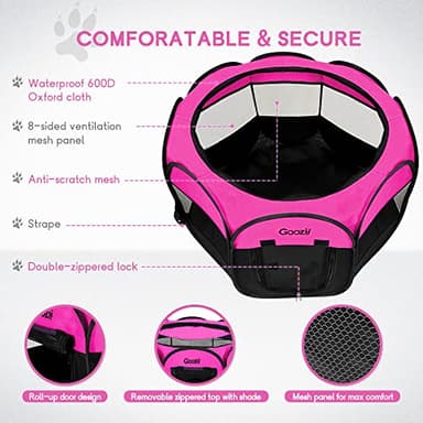 GOOZII Pet Cat Playpen for Indoor Cats Enclosed, Portable Foldable Dog Playpen Outdoor Tent Crate Cage with Zipper Top Cover Door for Kitten Puppy Outside Rv Car Camper (Small Size, Pink) - Image 4