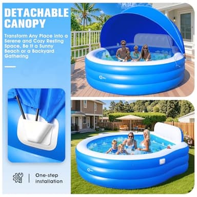 2025 Upgraded Inflatable Pool with Canopy, Inflatable Family Lounge Pool, Round Blow Up Pool for Adult with Bench & Backrest, Swim Center Easy Backyard Pools for Kids & Adults, 90"x90"x80", Blue - Image 7