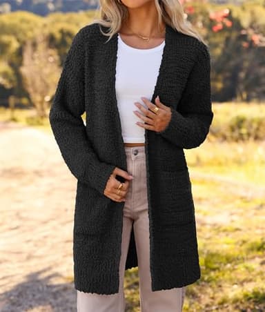 MEROKEETY Women's 2025 Winter Long Sleeve Soft Chunky Knit Sweater Open Front Cardigan Outwear Coat Black - Image 6