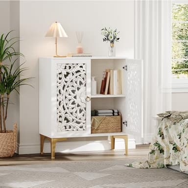 JOINICE Accent Cabinet with Doors, Sideboard Buffet Cabinet with Storage, 31.5" W Buffet Table with Gold Legs and Adjustable Shelf for Living Room, Kitchen, Hallway, White - Image 8