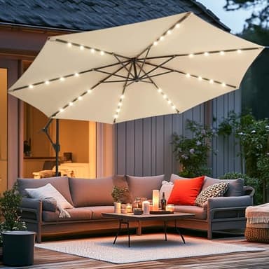 wikiwiki 10ft Solar LED Offset Hanging Market Cantilever Patio Umbrella for Backyard, Poolside, Lawn and Garden, Easy Tilt Adjustment, Polyester Shade & Cross Base, Beige - Image 1