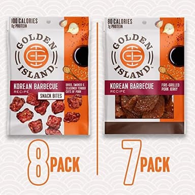 Golden Island Pork Jerky Korean BBQ Variety Pack, Great Stocking Stuffers, Gluten Free with Korean Barbecue Seasoning, 100 & 80 Calories Pork Protein Snacks, (8) 1.25oz Snack Bite & (7) 1oz Jerky Bags - Image 5