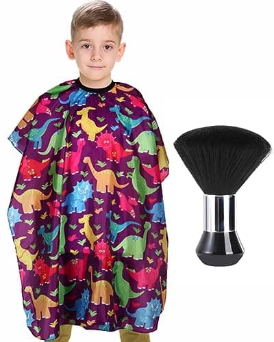 Kids Barber Cape with Neck Duster Brush, Professional Salon Hair Cutting Cape with Adjustable Snap Closure(Cartoon Dinosaur) - Image 1