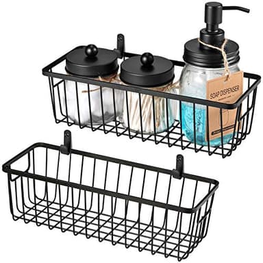 SheeChung Farmhouse Decor Metal Wire Bathroom Storage Organizer Basket Bins - for Cabinets, Shelves, Closets, Vanity Countertops, Under Sinks, Pantry, Laundry Room, Garage - Small, 2 Pack (Black) - Image 1