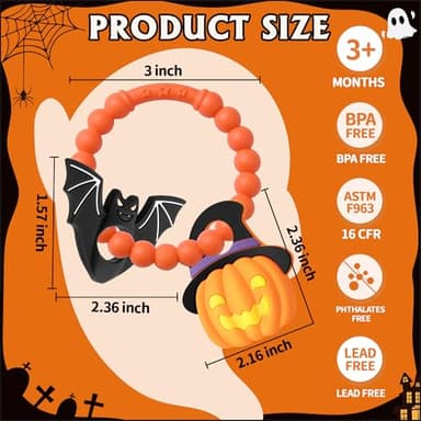 Halloween Baby Teether,Baby Teething Toys Boo Basket Stuffers,Pumkin & Bat Teether for Babies 3-6 6-12 Months, BPA-Free Teething Relief Toy First Halloween Christmas Gift for Infants,Girls,Boys - Image 5