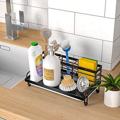 Cisily Large Kitchen Sink Caddy Organizer, Rustproof Non-Slip Soap Dish Dispenser Brush, Sponge Holder for Kitchen Sink, Kitchen Organization and Storage, Home Essentials Accessories（Black） - Image 5