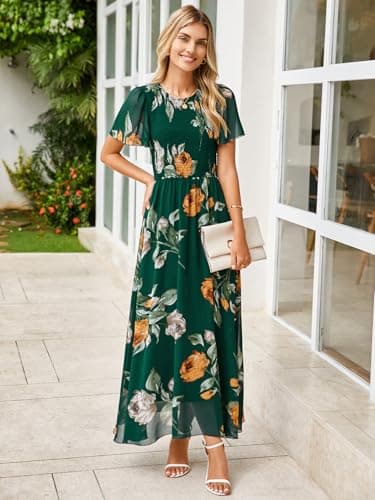 Simplee Womens Spring Floral Maxi Wedding Guest Dress Bohemian Short Sleeve Loose Sundress Lightweight Flowy Prom Vacation Dress(Dark Green M) - Image 5