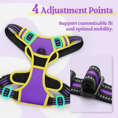 rabbitgoo Dog Harness No Pull with 2 Leash Clips, Adjustable Soft Padded, Reflective Oxford No Choke Pet Vest with Easy Control Handle for Large Dogs, Purple & Yellow, XL - Image 4