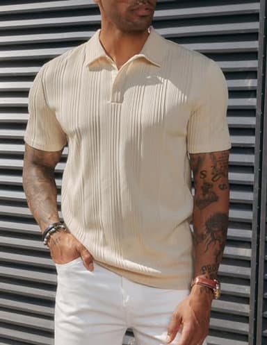 PJ PAUL JONES Mens Polo Shirts Textured Knit Stretchy Short Sleeve Golf Shirts for Outdoor Beige - Image 2