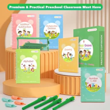 Magic Groove Practice Copybook for Kids, Reusable Writing Practice Book, Grooved Handwriting Book Set for Kids Ages 3-8 Calligraphy 5.59 * 7.91 (5 Medium Books with Cactus Pens & Gift Box) - Image 7
